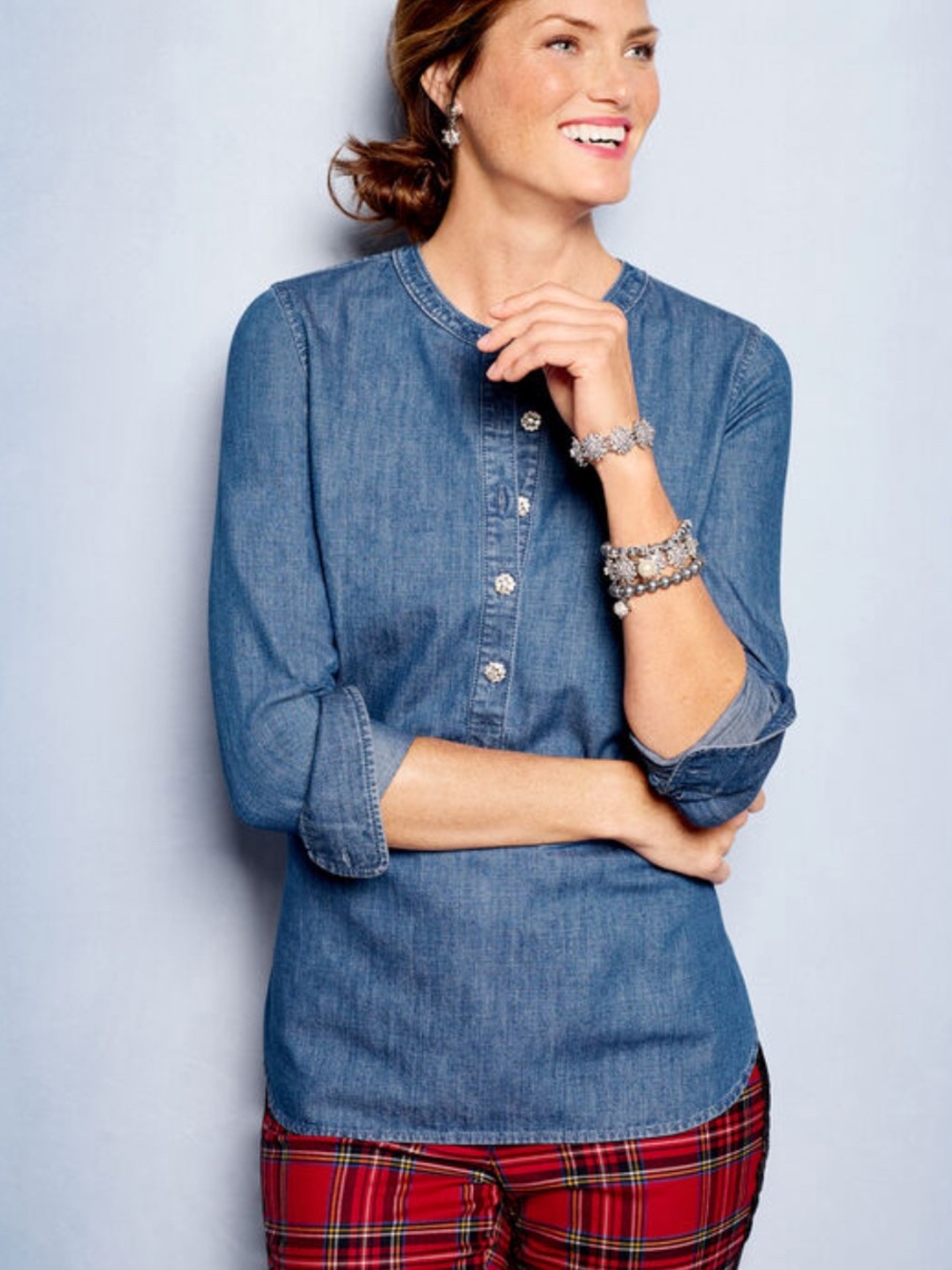 Avenue Denim-Style Button Henley Top - Blue